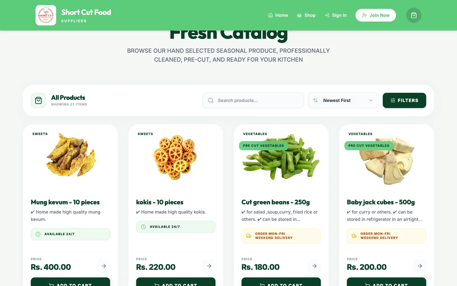 The Fresh Catalog page showing 27 products in a grid with search, a Newest First sort control and a Filters button.